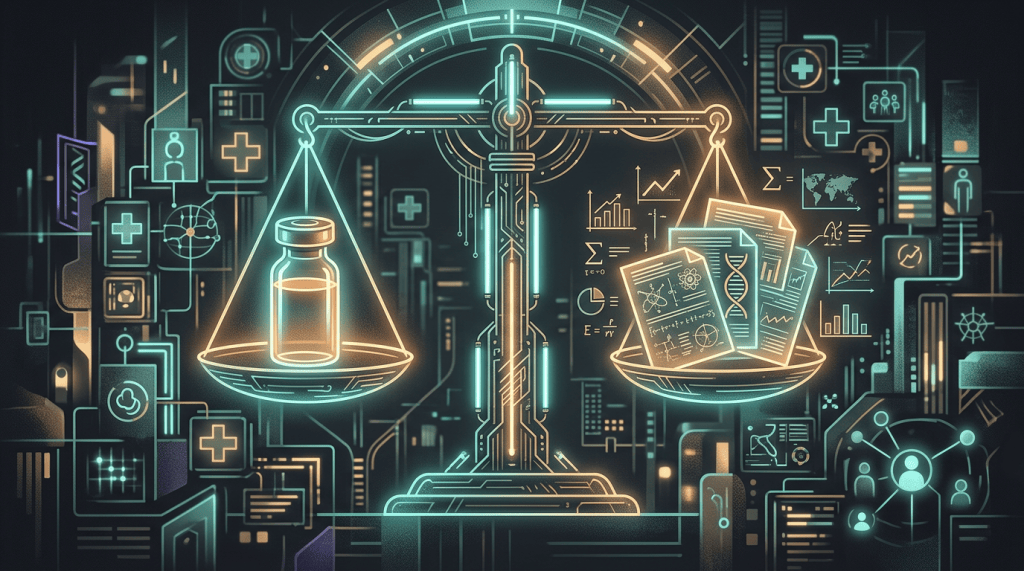 Futuristic balance weighing a medicine vial against scientific documents and data