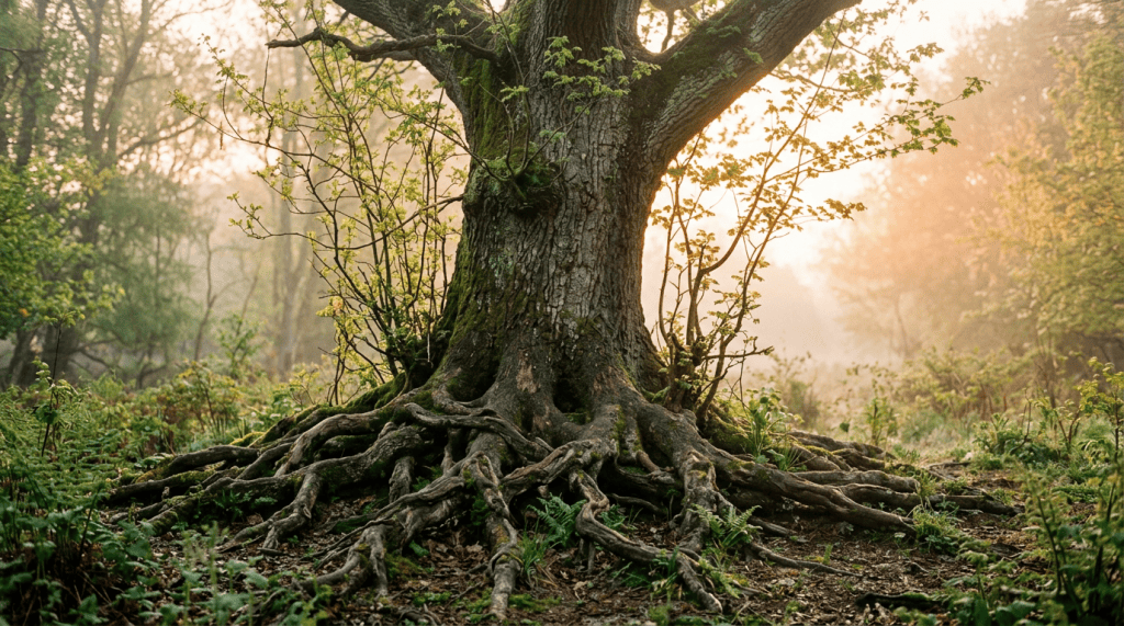 Moss-covered tree with sprawling roots in a sunlit misty forest