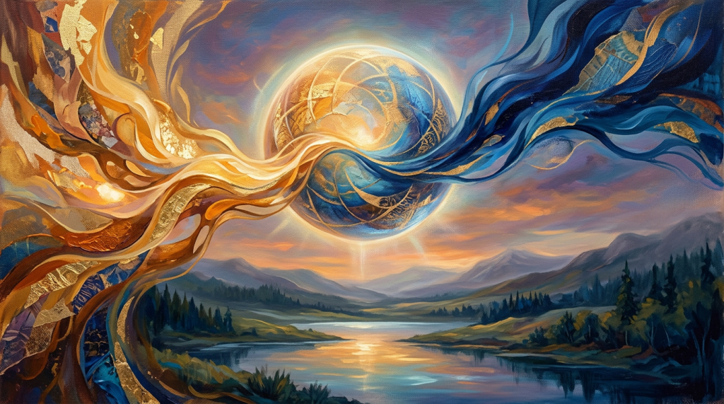 Golden and blue currents meeting above calm landscape
