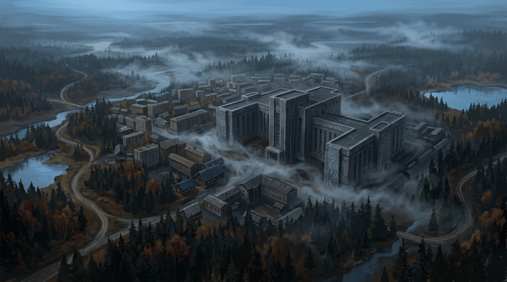 A misty industrial city surrounded by forests, rivers, and autumn hills