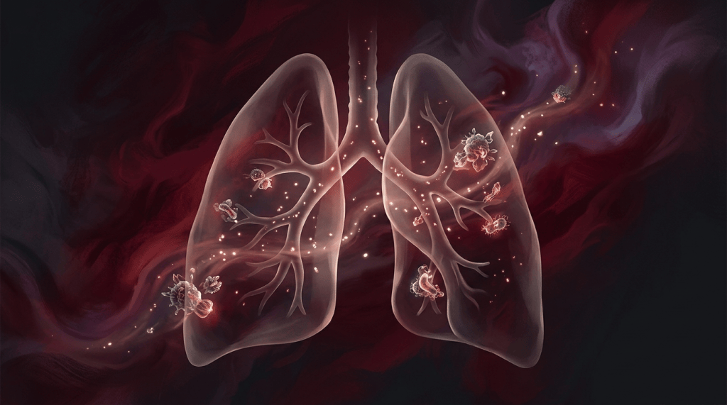 Translucent lungs with branching airways and surrounding microorganisms