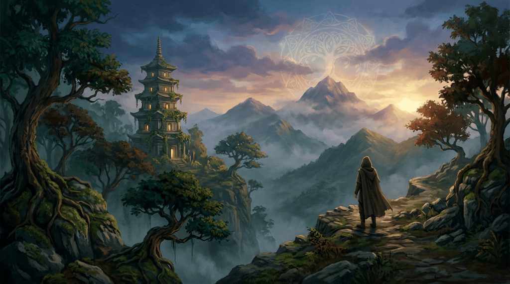 Hooded traveler facing a mountain temple beneath a glowing celestial tree