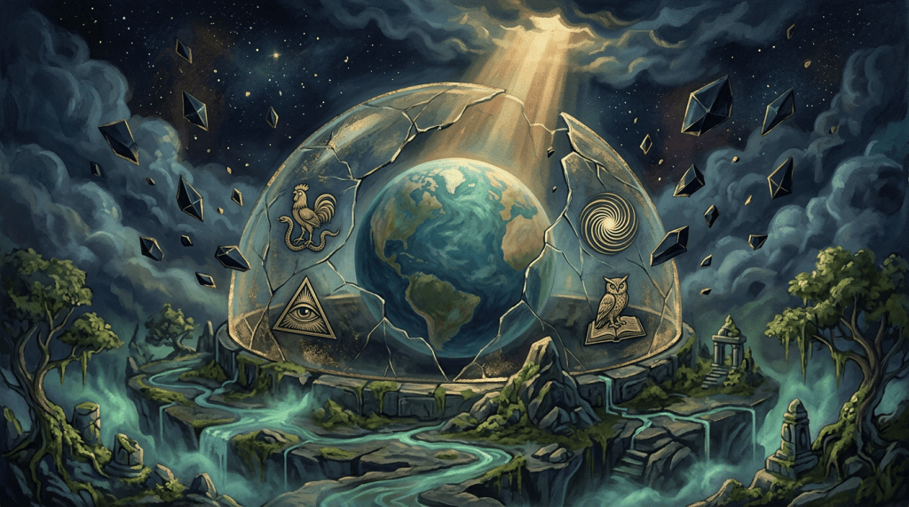 Cracked globe surrounded by mystical symbols above a fantastical forest landscape