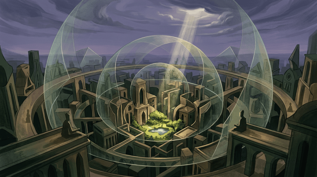Futuristic city beneath glass domes with a sunlit central garden