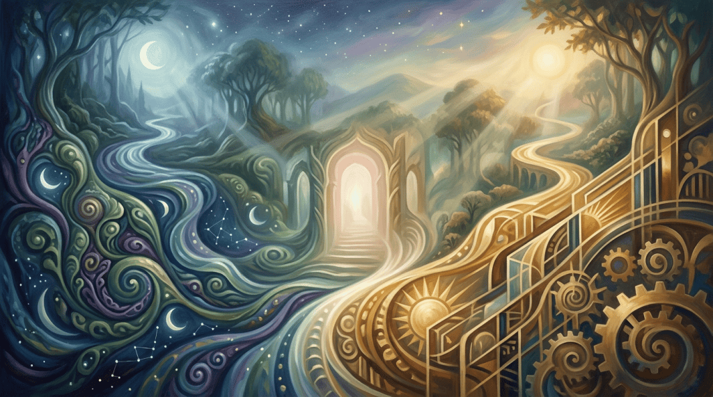 Fantasy landscape showing moonlit forest, glowing doorway, sunlit hills, and golden gears
