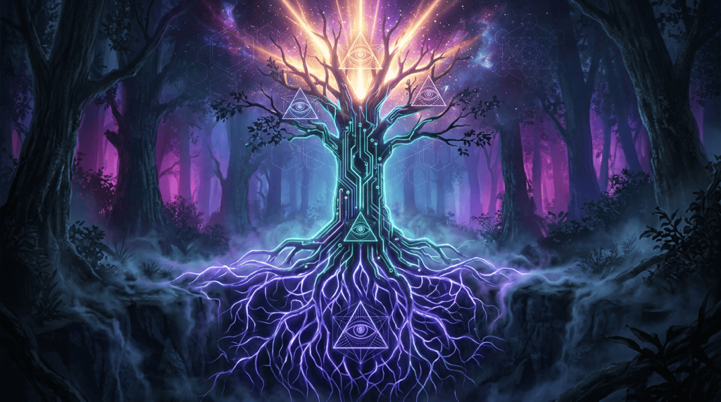 Glowing circuit tree with geometric eye symbols in a cosmic forest