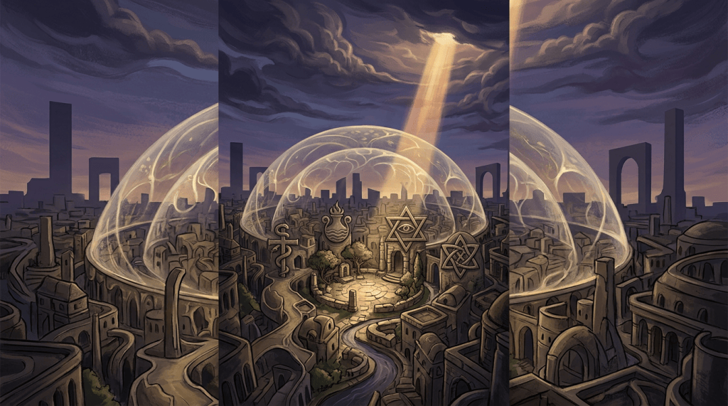 Surreal city beneath glowing domes, with symbols and sunlight overhead
