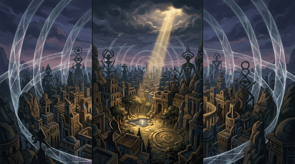 Fantasy city beneath glowing arches, statues, and a sunlit garden