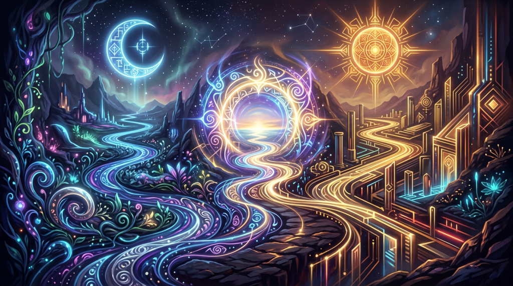 Glowing blue and gold paths converge beneath a crescent moon and radiant sun