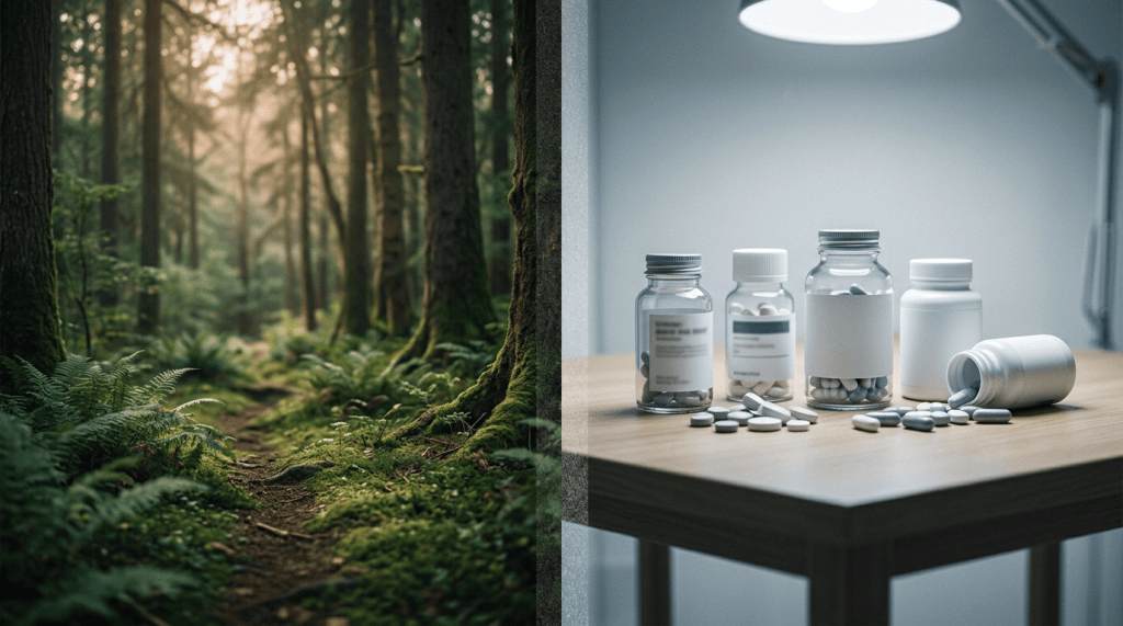 Split image of a forest path and medication bottles with scattered pills