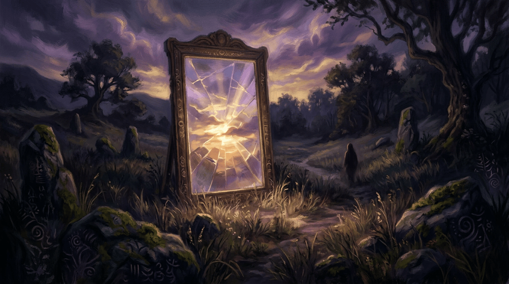 Cracked ornate mirror glowing in a mystical forest clearing