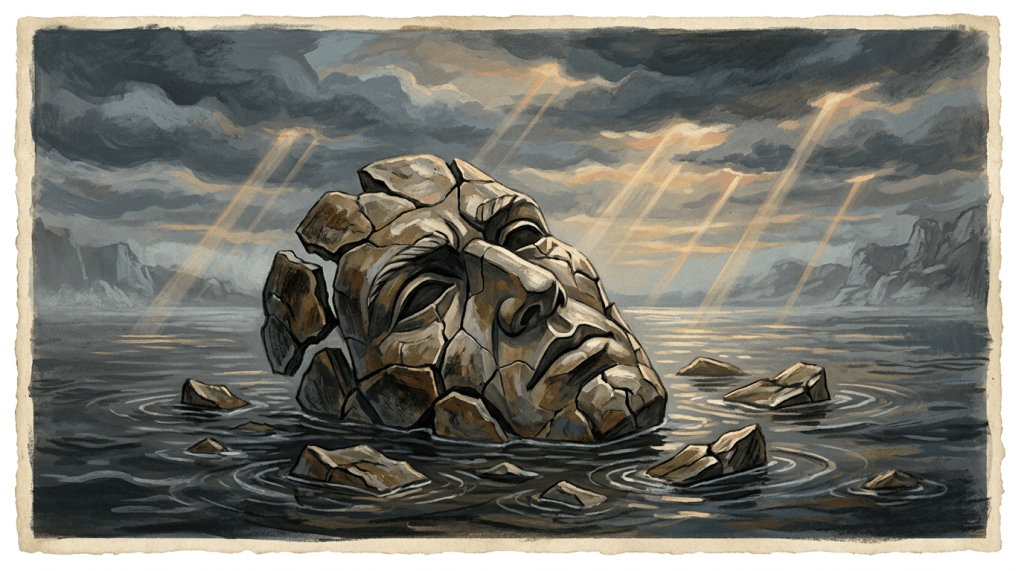 Weathered stone face emerging from dark water beneath storm clouds