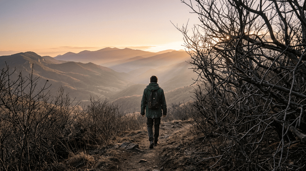 Hiker with backpack walking along a mountain trail at sunset