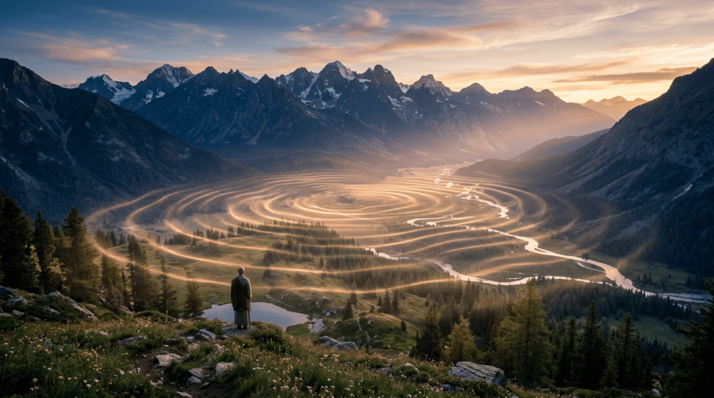 Solitary traveler overlooking a mountain valley with glowing circular trails