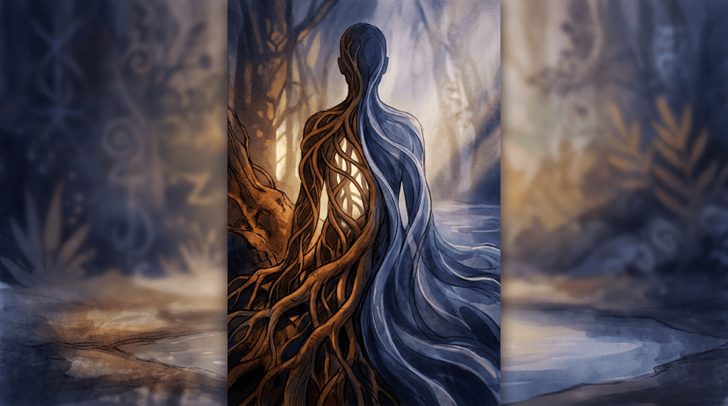 Mystical figure with blue hair and wooden roots beside a forest pool