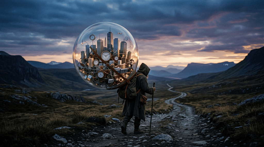 Hooded traveler carrying a glass sphere filled with clocks and skyscrapers