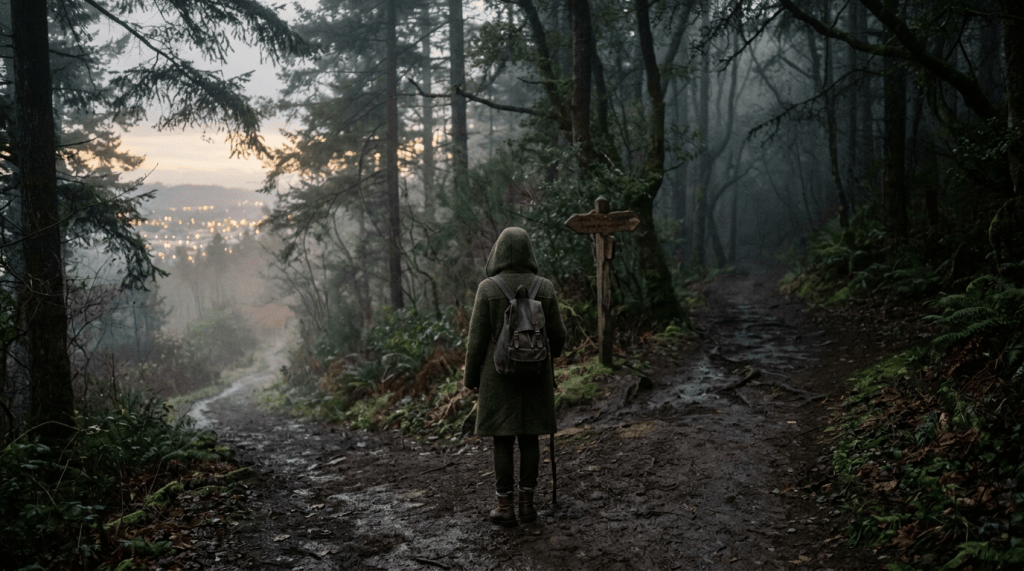 Hiker with backpack standing at a misty forest trail fork