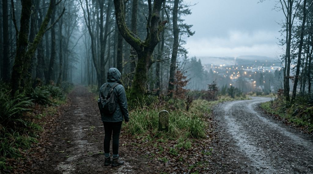 Hiker with backpack standing on a misty forest trail above town lights