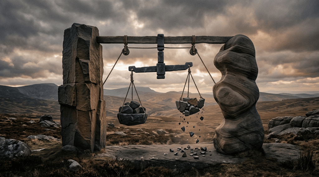 Stone balance weighing intact rocks against crumbling fragments in a mountain landscape