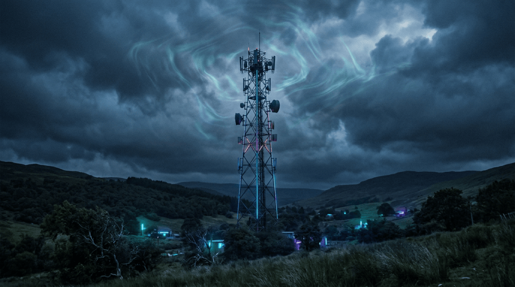 Communications tower in a dark valley beneath swirling storm clouds