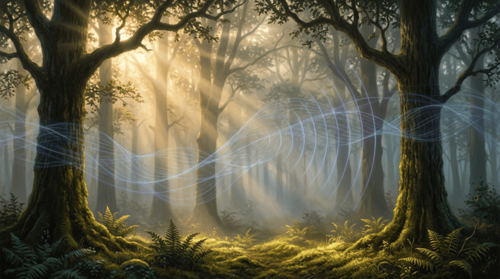 Sunlit forest with glowing blue energy trails weaving between ancient trees