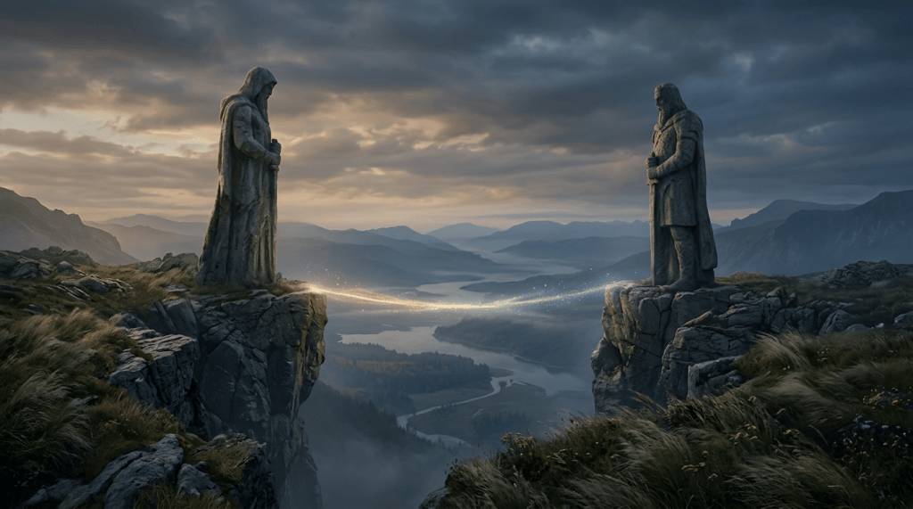 Two hooded stone statues face each other across a glowing mountain chasm