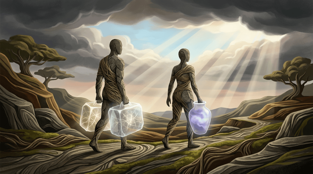 Two robed figures carrying glowing vessels through a surreal landscape