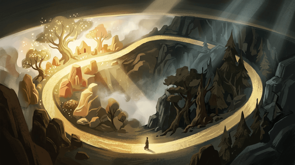 A lone traveler on a glowing path between bright and dark fantasy landscapes