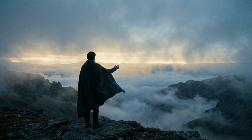 Person in a dark cloak overlooking misty mountains at dawn