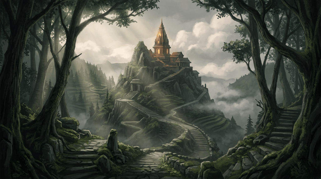 Stone stairways lead to a glowing temple atop a misty mountain