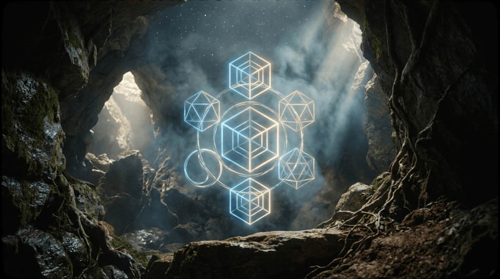 Glowing geometric emblem suspended in a misty, moss-covered cavern