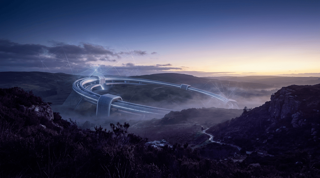 Futuristic illuminated transit loop spanning a misty mountain valley