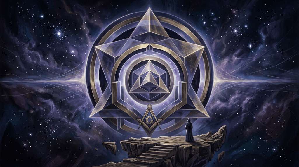 Robed figure facing a glowing Masonic emblem in space