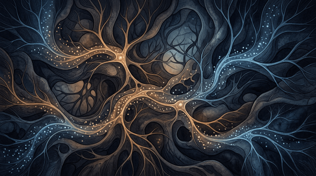 Abstract blue and gold branching pathways with glowing dots