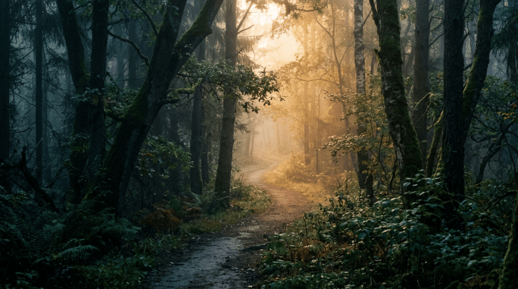Winding forest path illuminated by golden sunlight through trees