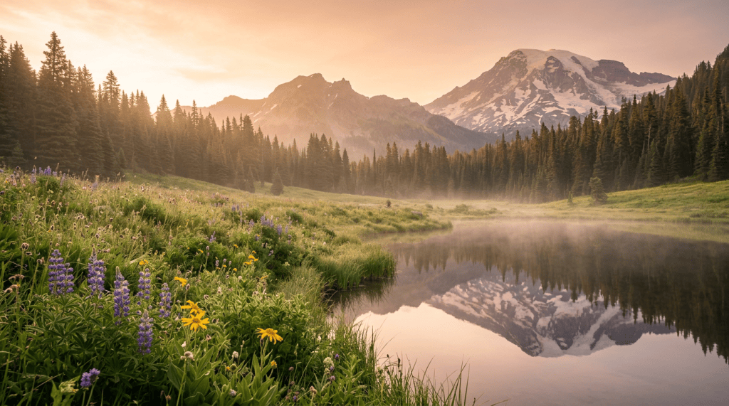 Wildflower meadow beside a misty lake reflecting snow-capped mountains at sunrise