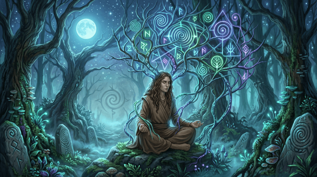 Person meditating beneath glowing rune-covered branches in a moonlit forest