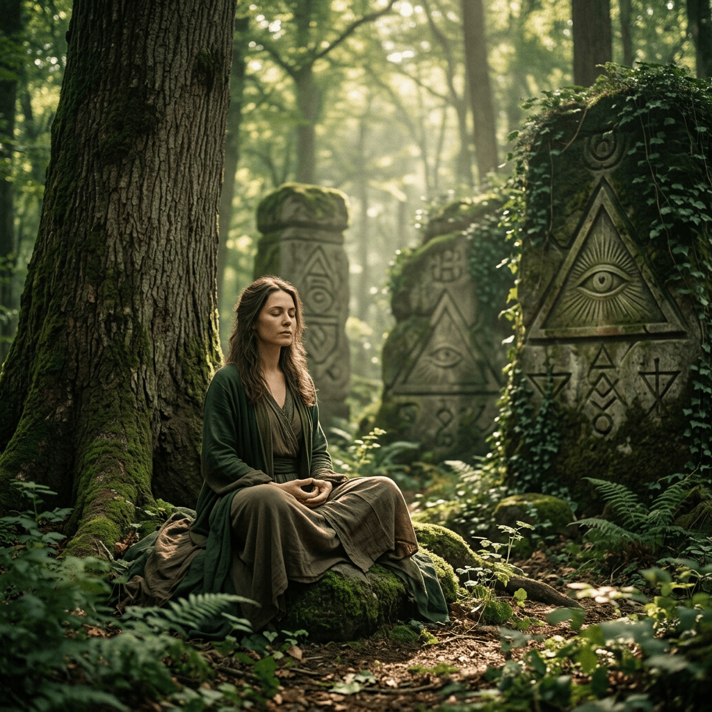 Woman meditating in a forest beside carved stones with eye symbols