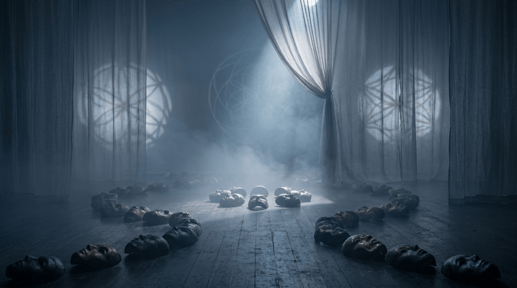 Masks arranged in a circle on a misty, dimly lit stage