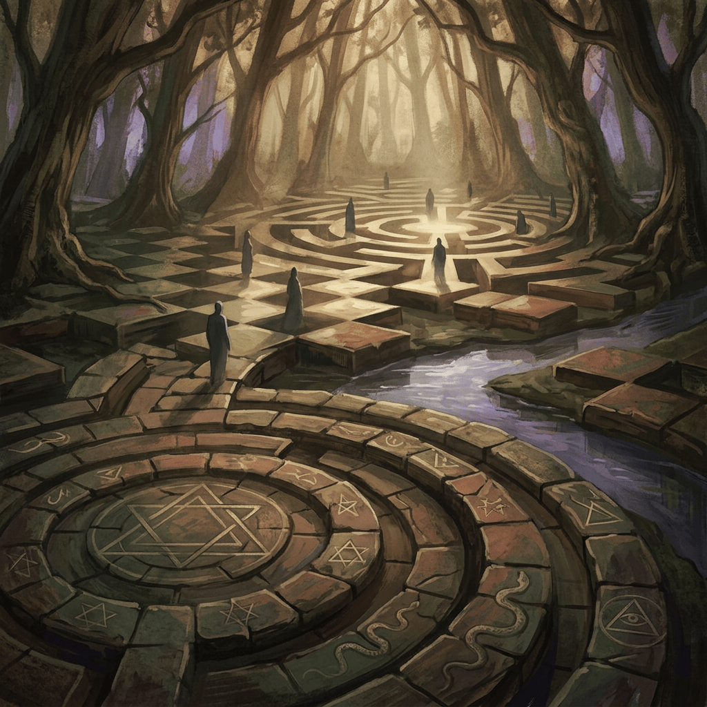 Stone labyrinth with hooded figures in an enchanted forest
