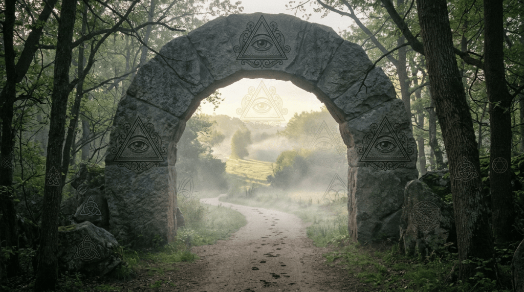 Mossy stone arch with mystical eye symbols opening onto a misty forest path