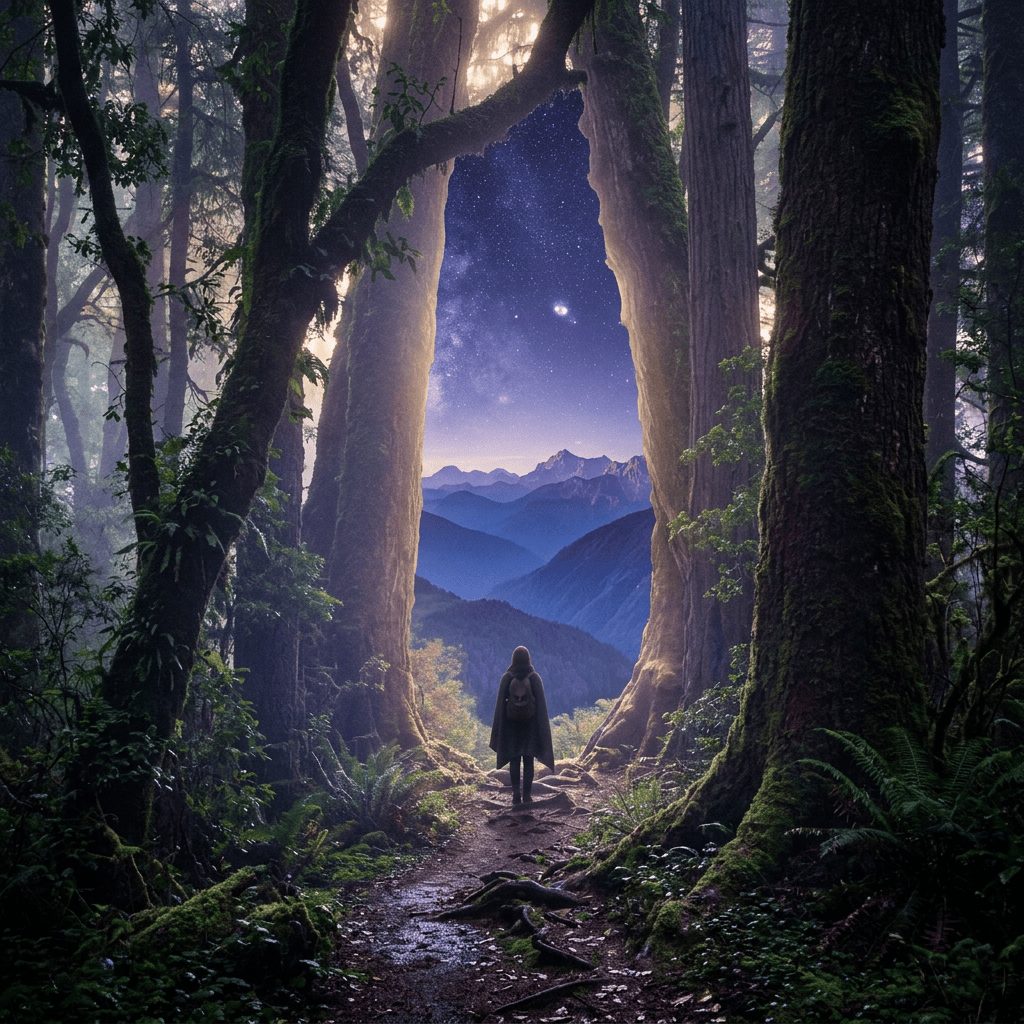 Lone traveler walking through a mossy forest toward mountains under stars