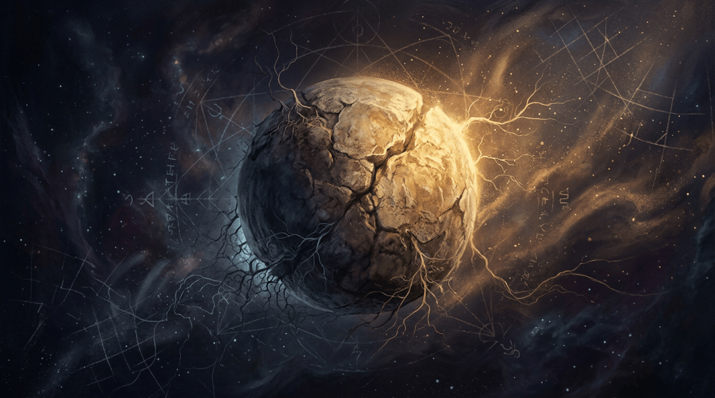 Fractured glowing planet surrounded by stars and mystical symbols