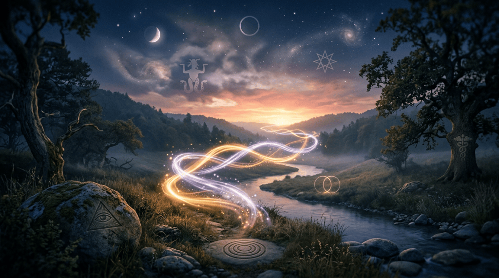 Mystical river valley with glowing light ribbons, stars, moons, and symbols