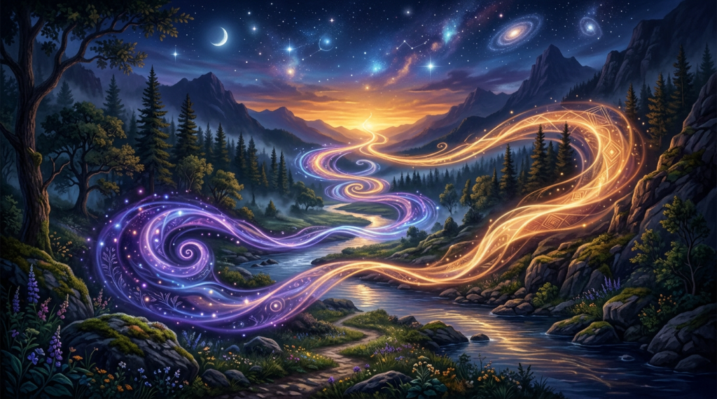 Luminous purple and gold ribbons flowing through a forested mountain valley