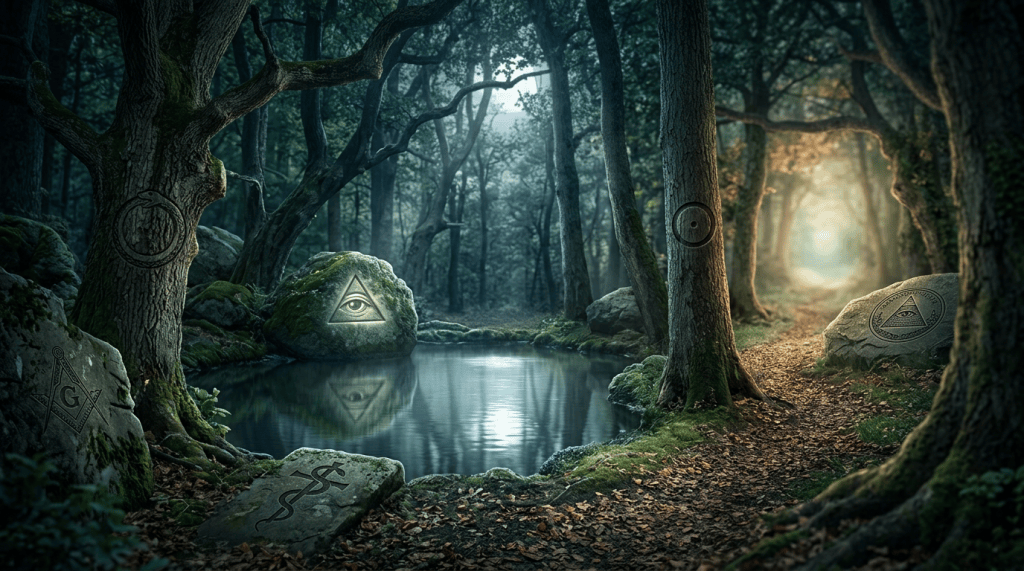 Mossy forest pond and path surrounded by trees with carved symbolic stones