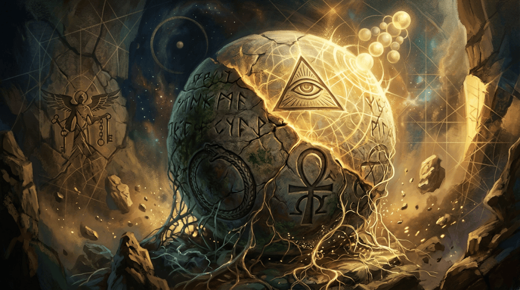 Glowing stone covered in occult symbols beneath a cosmic night sky