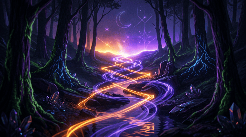 Glowing purple and gold paths winding through a moonlit enchanted forest