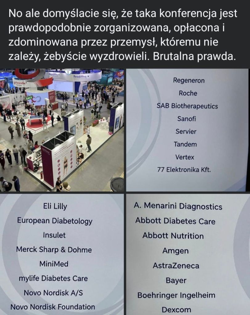 Zdjęcie przedstawia tłum ludzi uczestniczących w konferencji branżowej, z widocznymi stoiskami firm, takimi jak Regeneron, Roche, Sanofi oraz różnymi nazwiskami na ekranach informacyjnych po prawej stronie.